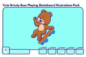 Cute Grizzly Bear Playing Skateboard