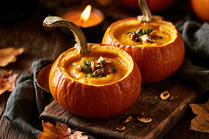 Creamy pumpkin soup served in pumpkins for Halloween dinner, a Food & Drink Photo by José Manuel Gelpi