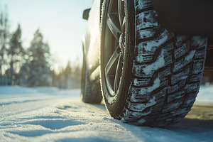 Car wheel with winter tire on snowy road, a Transportation Photo by AlyaAnd