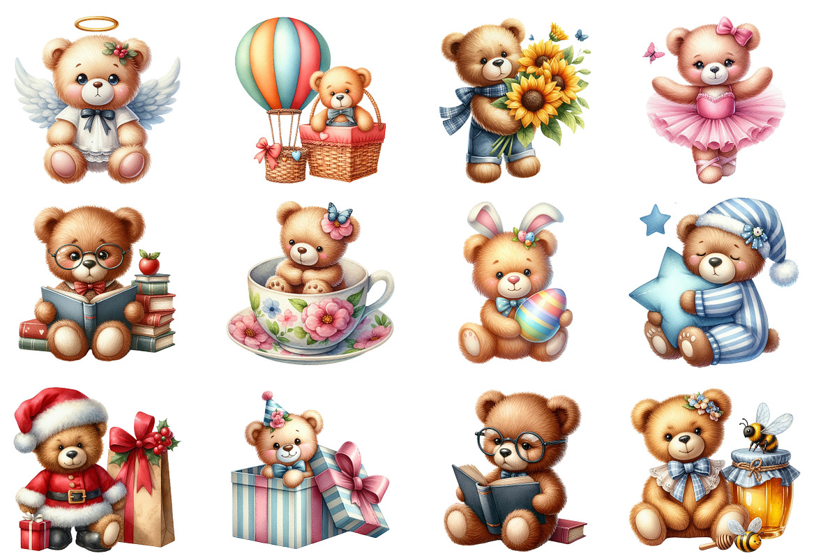 Watercolor Teddy Bear Clipart, an Illustration by SinaCreation (Photo 2 of 5)