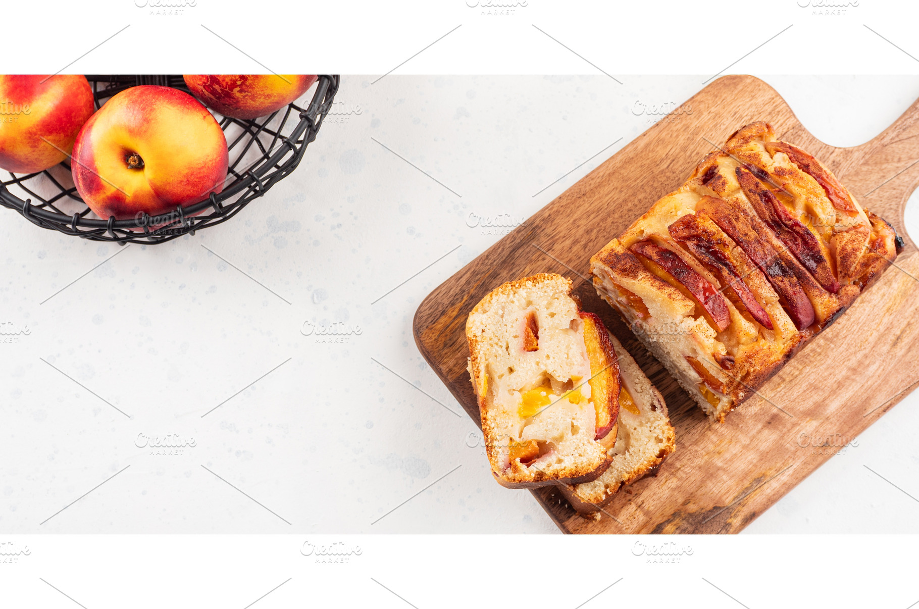 Peach cake loaf on wooden cutting, a Food & Drink Photo by Lifemorning