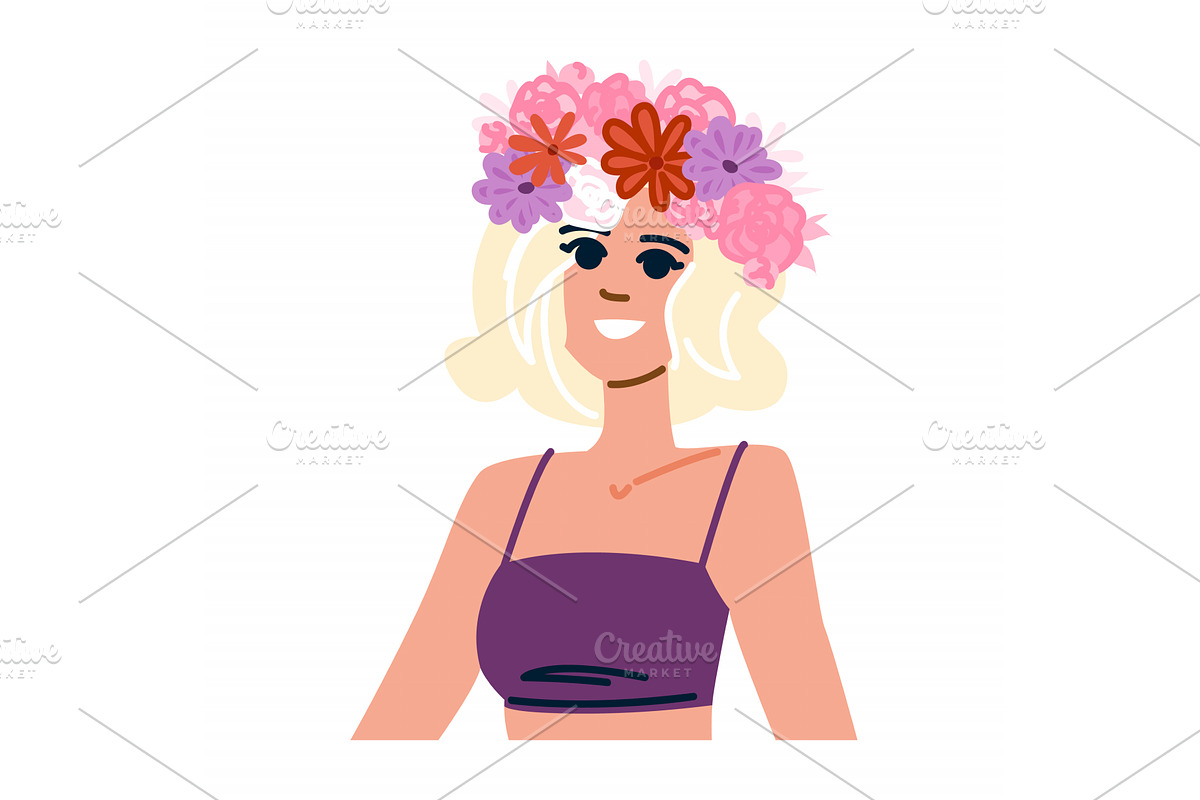 Smiling blonde woman wearing flower, a Person Illustration by pikepicture