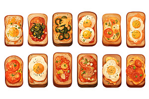 Set of toasts on bread with various, a Food Illustration by LadadikArt