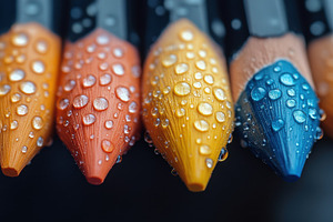 Colorful pencils with water droplets, a Photo by Tanuart