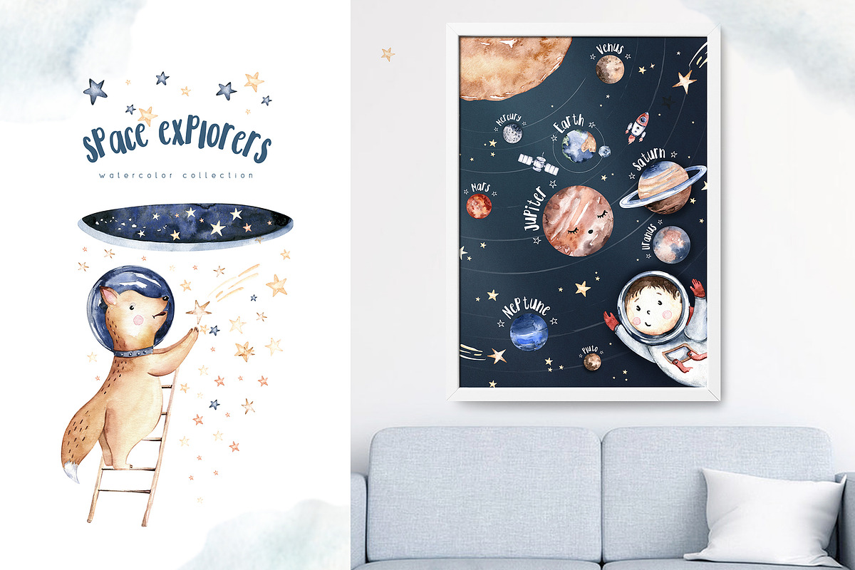 Watercolor space explorers. Kids set, an Animal Illustration by Peace ART (Photo 8 of 19)
