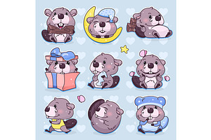 Cute Beaver Cartoon Character Set