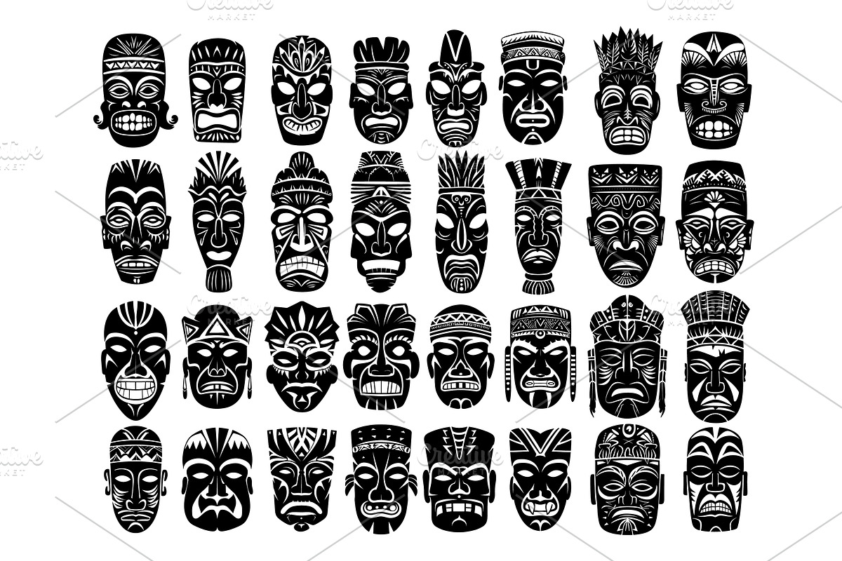 Tribal masks monochrome vector set, an Object Illustration by Stock-Smart-Start