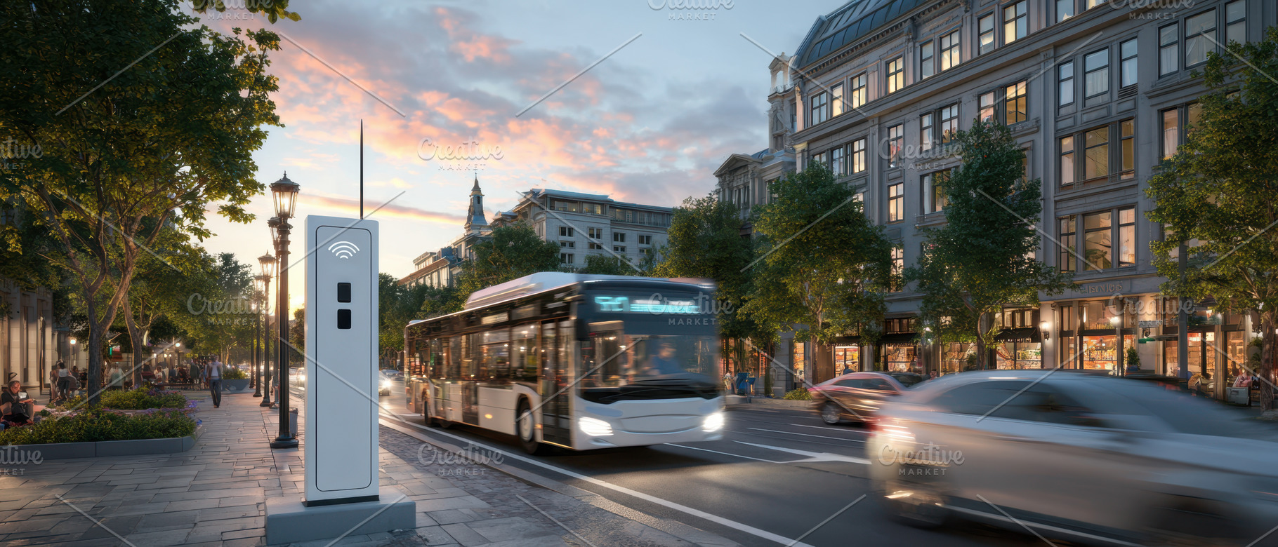 Urban street scene with bus and charging station at dusk, a Transportation Photo by AlyaAnd