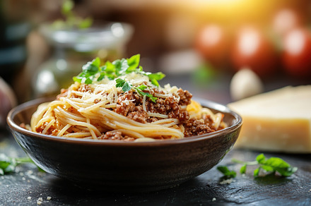 Spaghetti bolognese with ground beef in plate, a Food & Drink Photo by AlyaAnd