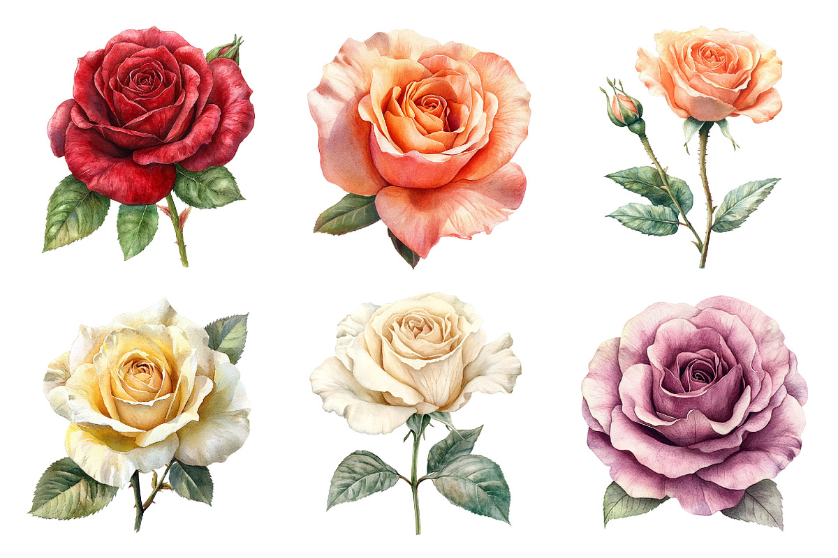 Watercolor Rose Clipart, a Seasonal Illustration by Design Market