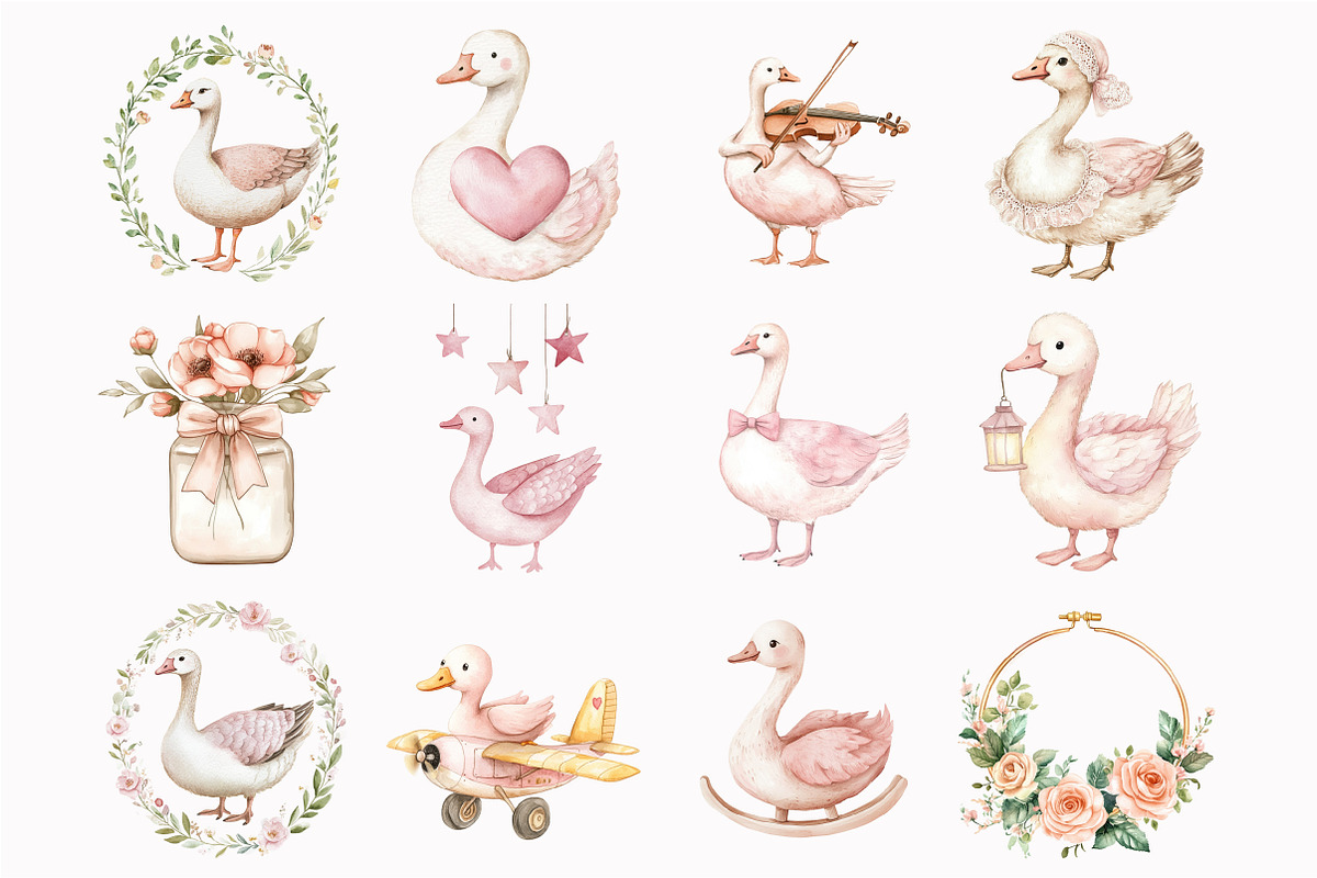 Watercolor Pink Goose Clipart, an Illustration by Design Market (Photo 5 of 5)