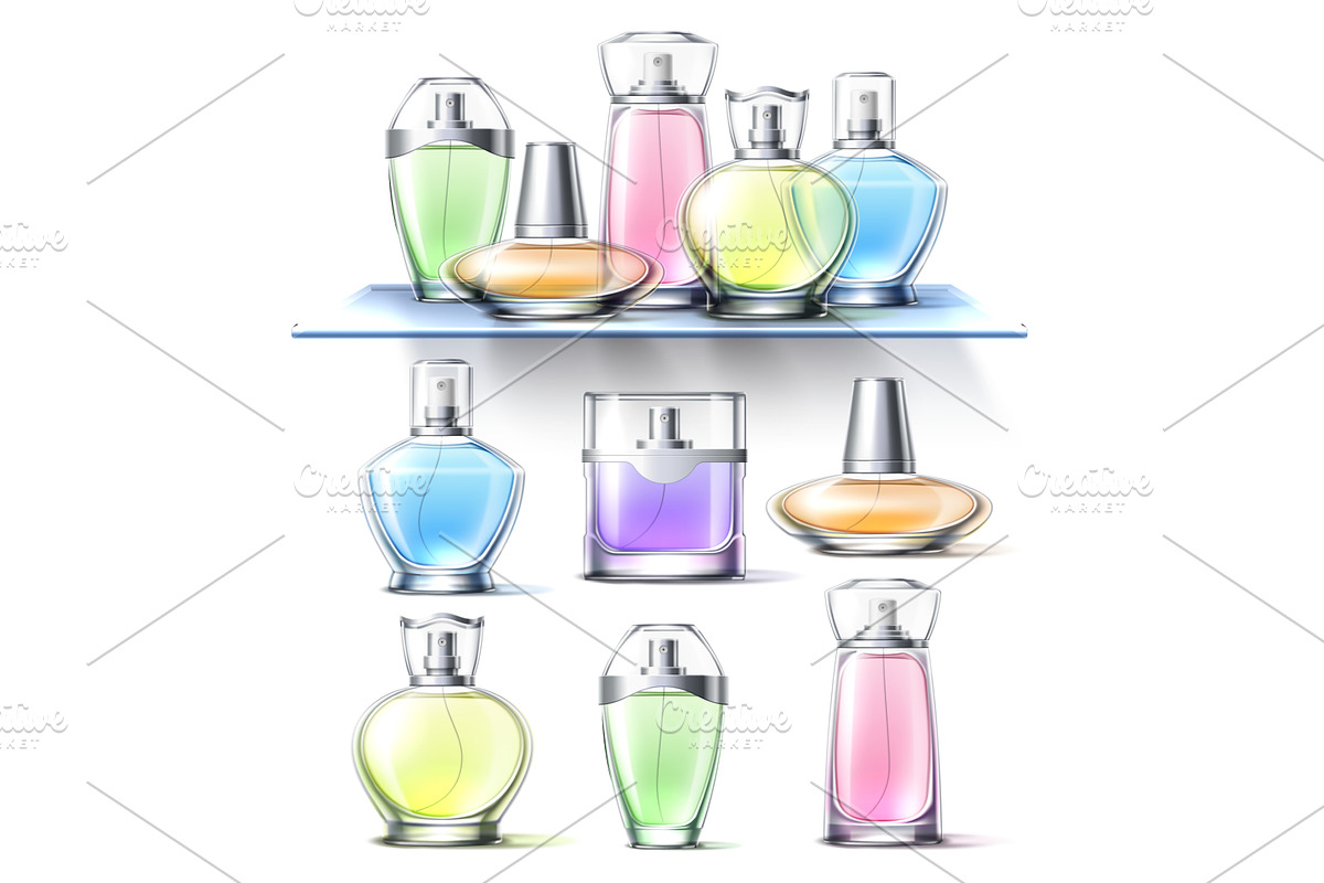Colored perfumes in glass bottles, an Object Illustration by Vectorbuum