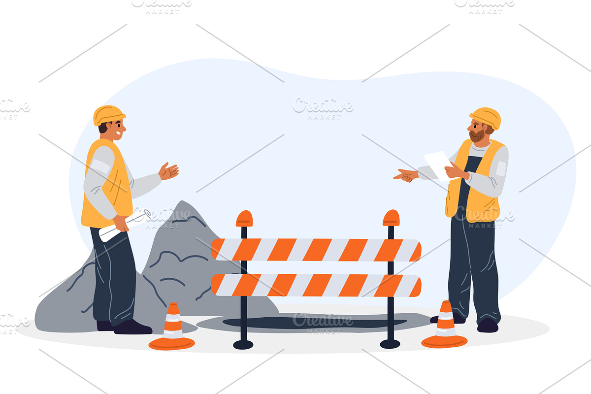 Road maintenance workers discuss, an Illustration by Vectorbuum