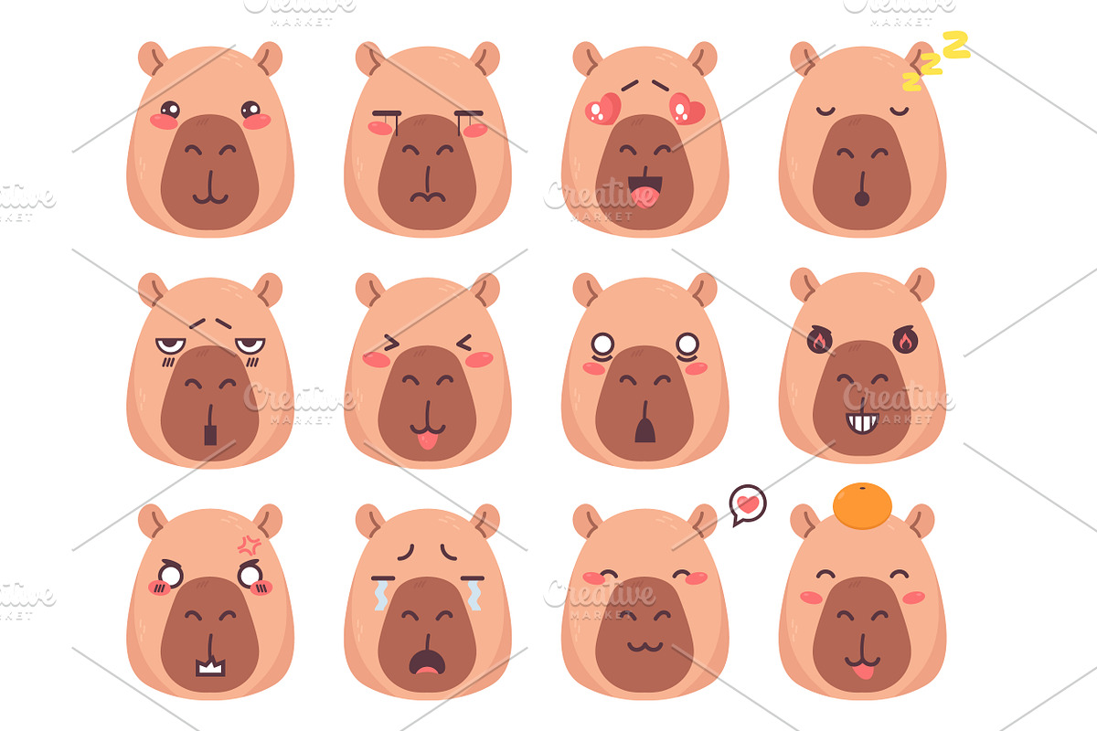Cute Capybara Character Emoji Set, an Emoji Icon by PsychocheArt (Photo 1 of 3)