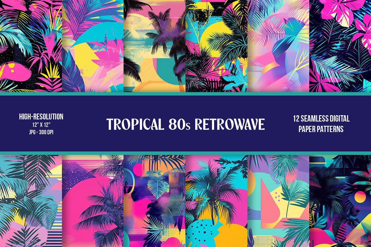 Tropical 80s Retrowave Digital Paper, a Pattern Graphic by Chromolume Studio (Photo 1 of 15)