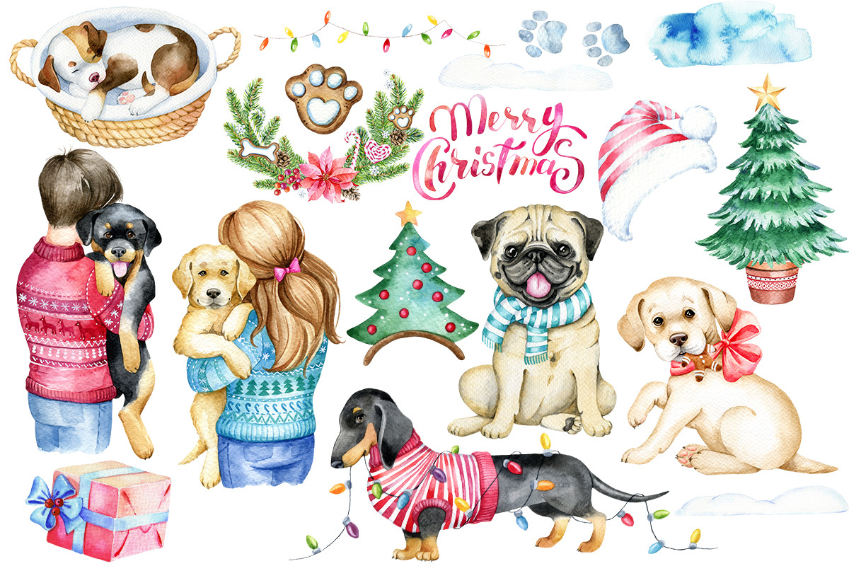 Christmas dogs Clipart, Holiday pug, an Animal Illustration by SimpleWishesArt (Photo 2 of 8)