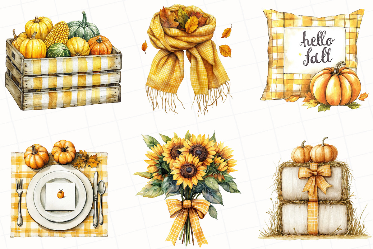 Watercolor Gingham Autumn Clipart, an Illustration by OK Design (Photo 5 of 5)