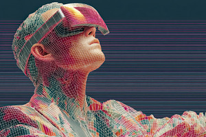 Colorful wireframe person wearing futuristic VR headset looking, an Abstract Photo by José Manuel Gelpi