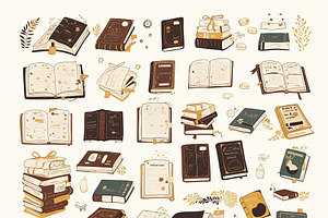 A diverse collection of illustrated books with educational themes, an Illustration by AS photostudio