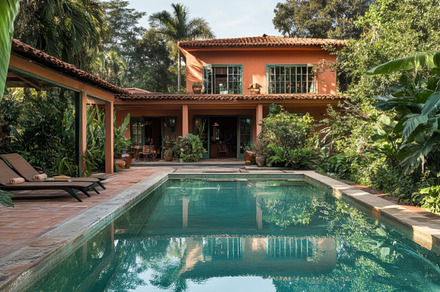 Vintage home with pool reflection and tropical surroundings, an Abstract Photo by Natalia Klenova's Shop