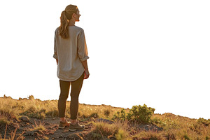 Woman standing alone at sunrise on a hilltop isolated photo, a Person Photo by DanFLCreativo