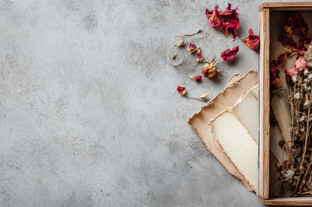 Wooden box filled with dried flowers on gray textured surface., an Abstract Photo by Natalia Klenova's Shop