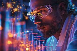 A focused male scientist in a lab coat examines glowing test tubes, showcasing, a Person Photo by ImageMir