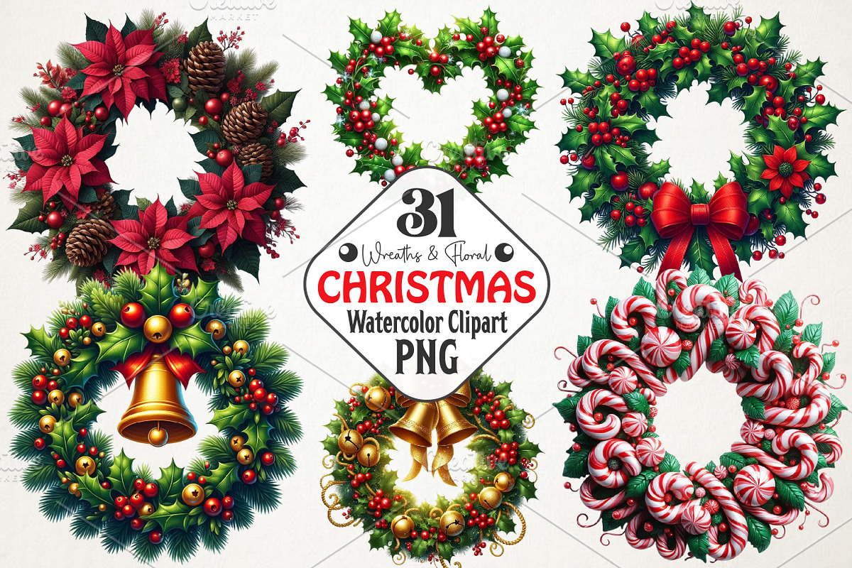 Christmas Wreaths & Floral Clipart B, an Illustration by RobertsArt (Photo 1 of 6)