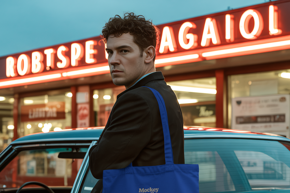 Retro Urban Night Tote Bag Mockup, a Merchandise Mockup by mockeyai (Photo 2 of 3)