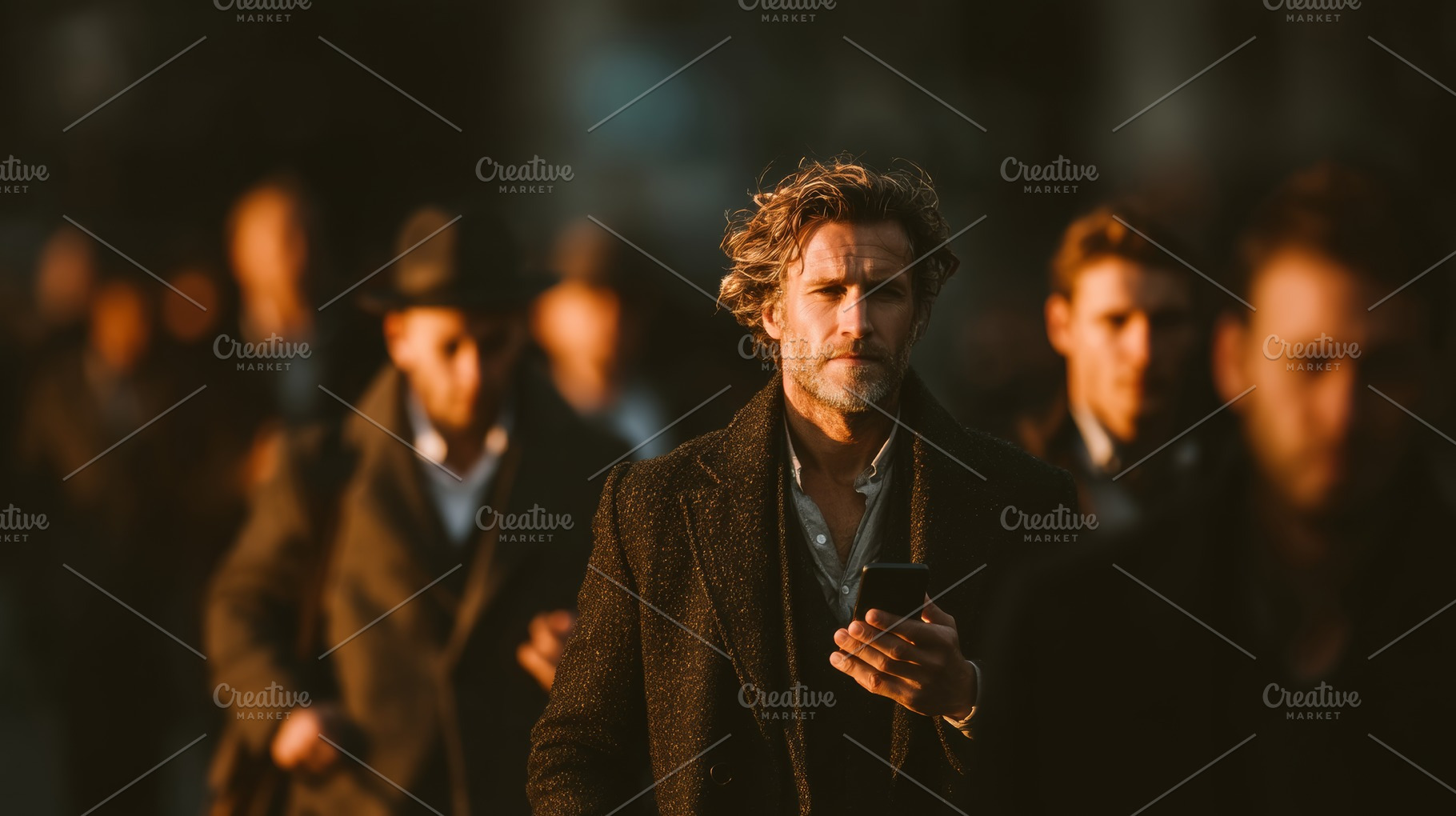 Stylish man using a smartphone during morning commute on a crowded street, a Person Photo by AS photostudio