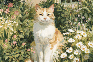Orange and white cat resting in a vibrant wild flower garden by, a Photo by Studio ANNA