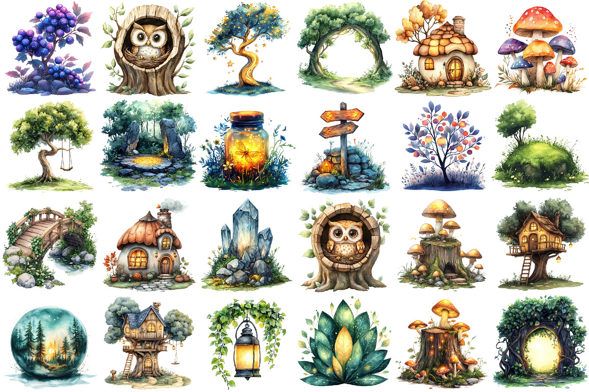 Magical Forest Clipart,Watercolor Fo, an Illustration by Sublimation Artist (Photo 2 of 6)
