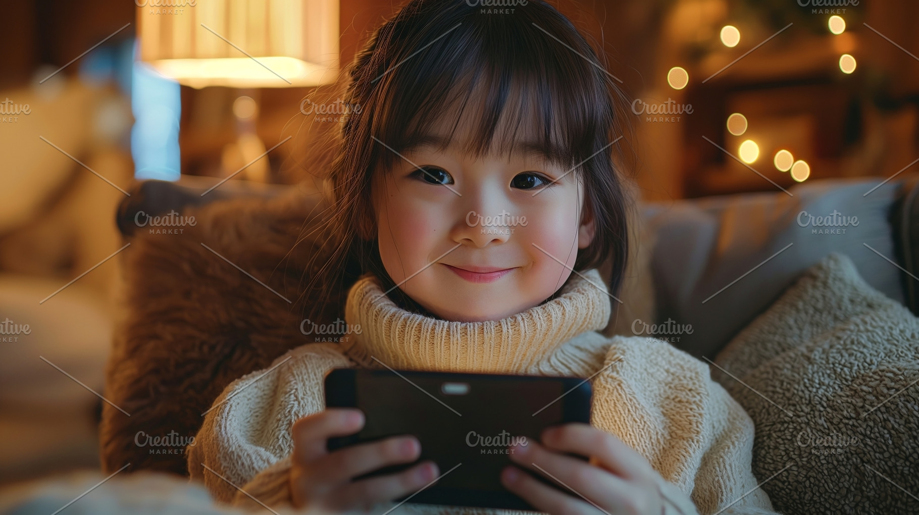 A cheerful young Asian girl warmly smiles while holding a smartphone in a cozy, a Person Photo by ImageMir