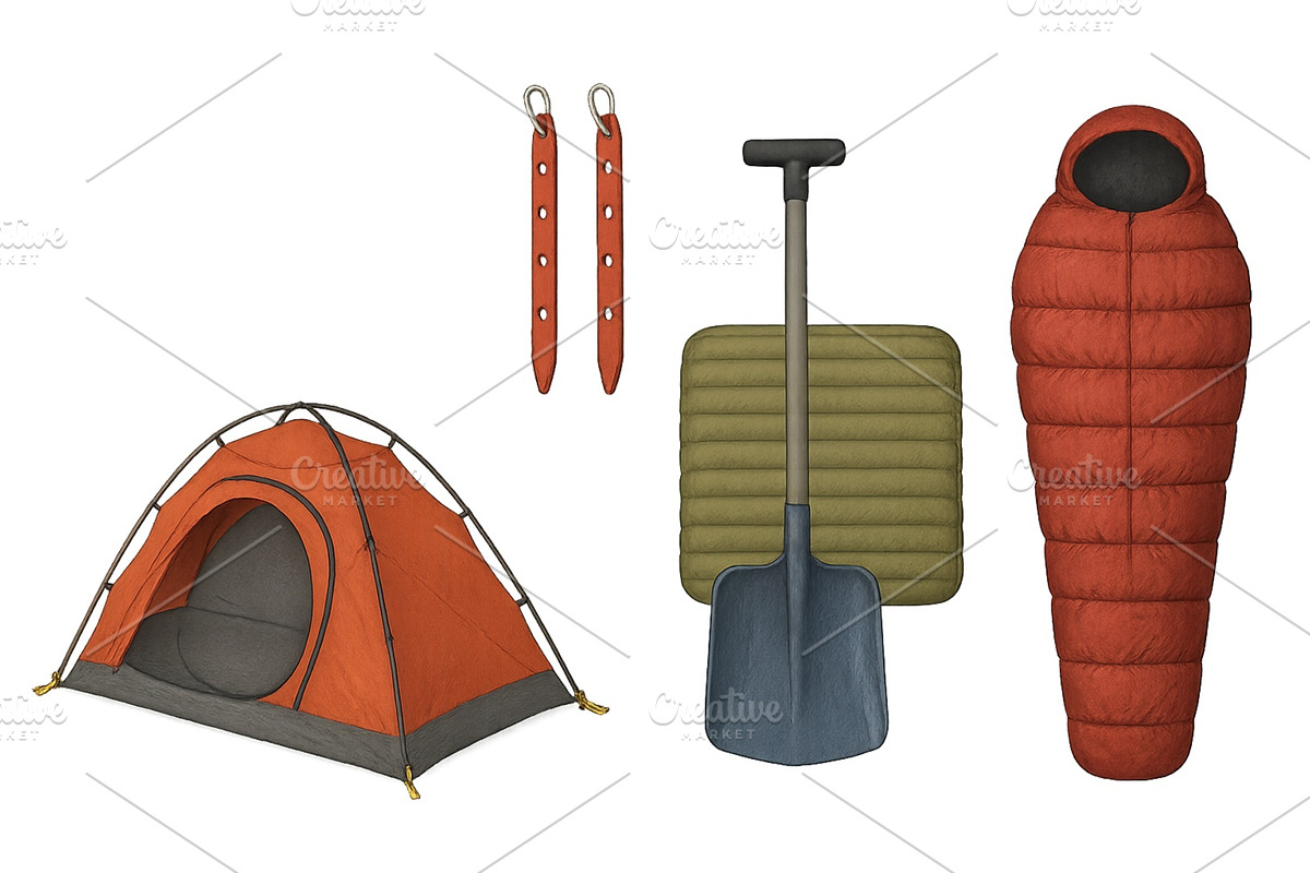 Essential camping gear including, an Illustration by ZinetroN