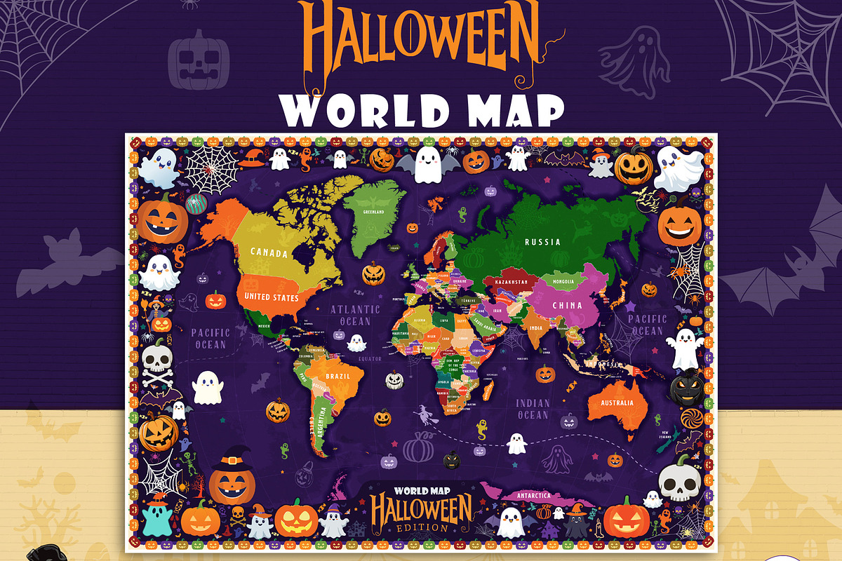 Halloween World Map Printable Bundle, a Wallpaper Graphic by AdrianDragne (Photo 1 of 11)