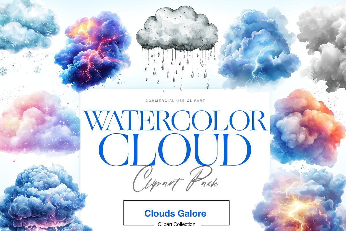 Watercolor Clouds Clipart, Cloud PNG, a Decorative Illustration by BrushstrokeArtGB (Photo 1 of 9)
