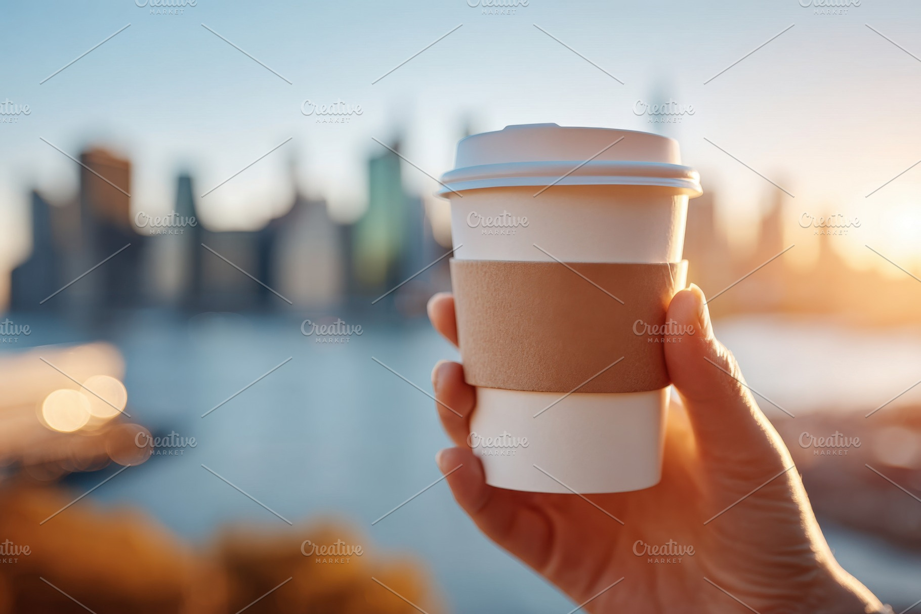 Hand holding coffee cup with city skyline at sunset, a Food & Drink Photo by AlyaAnd