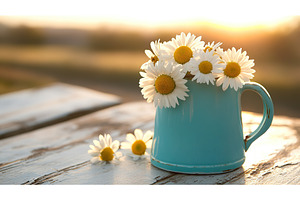 Daisies in blue mug with sunset, a Nature Photo by Lermont51