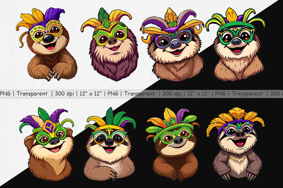 Sloth Mardi Gras Clipart, a Graphic by Artnoy (Photo 2 of 5)
