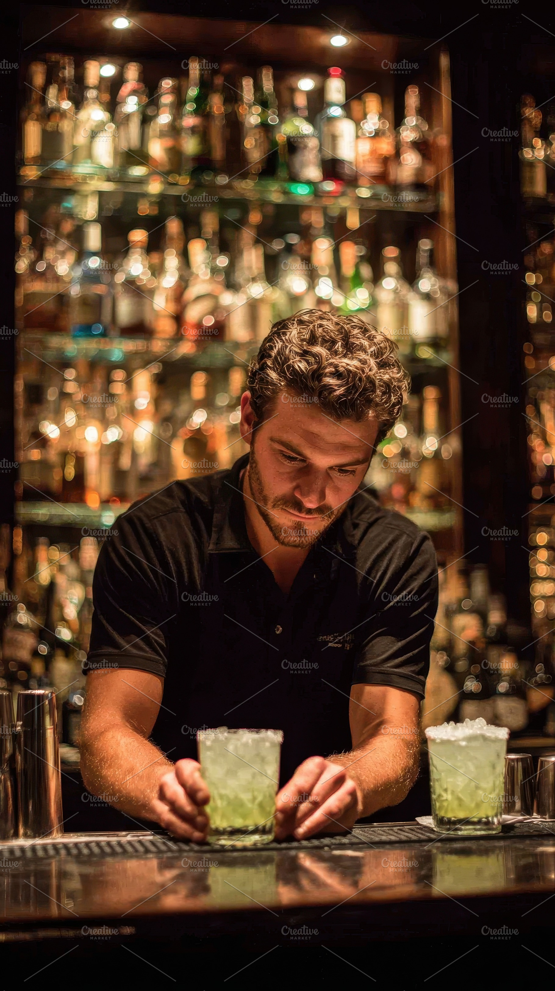 Bartender crafting cocktails behind, a Photo by Pixeness Studio