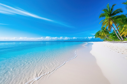 Illustrative of tropical beach with ocean, blue sky, green palm trees and white, a Nature Photo by AlyaAnd