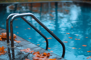 Snowy Poolside with Autumn Leaves, an Abstract Photo by Natalia Klenova's Shop