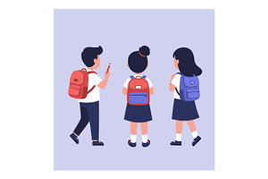 Three schoolchildren walking togethe, an Illustration by designvectx