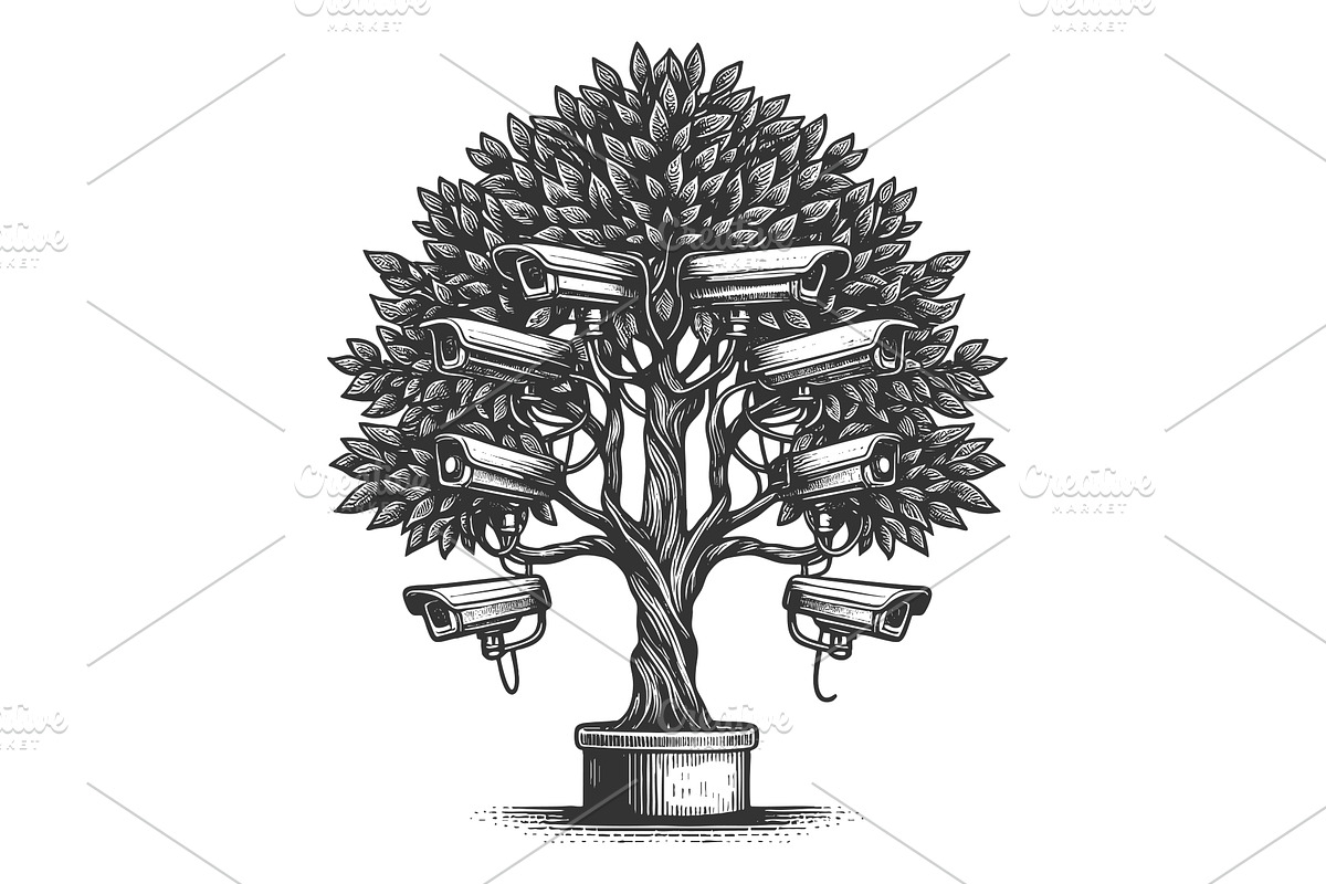 Tree with Security Cameras engraving, an Object Illustration by AlexArt