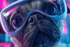 Adorable pug dog wearing large futuristic glasses with neon ligh, an Animal Photo by Ales Munt