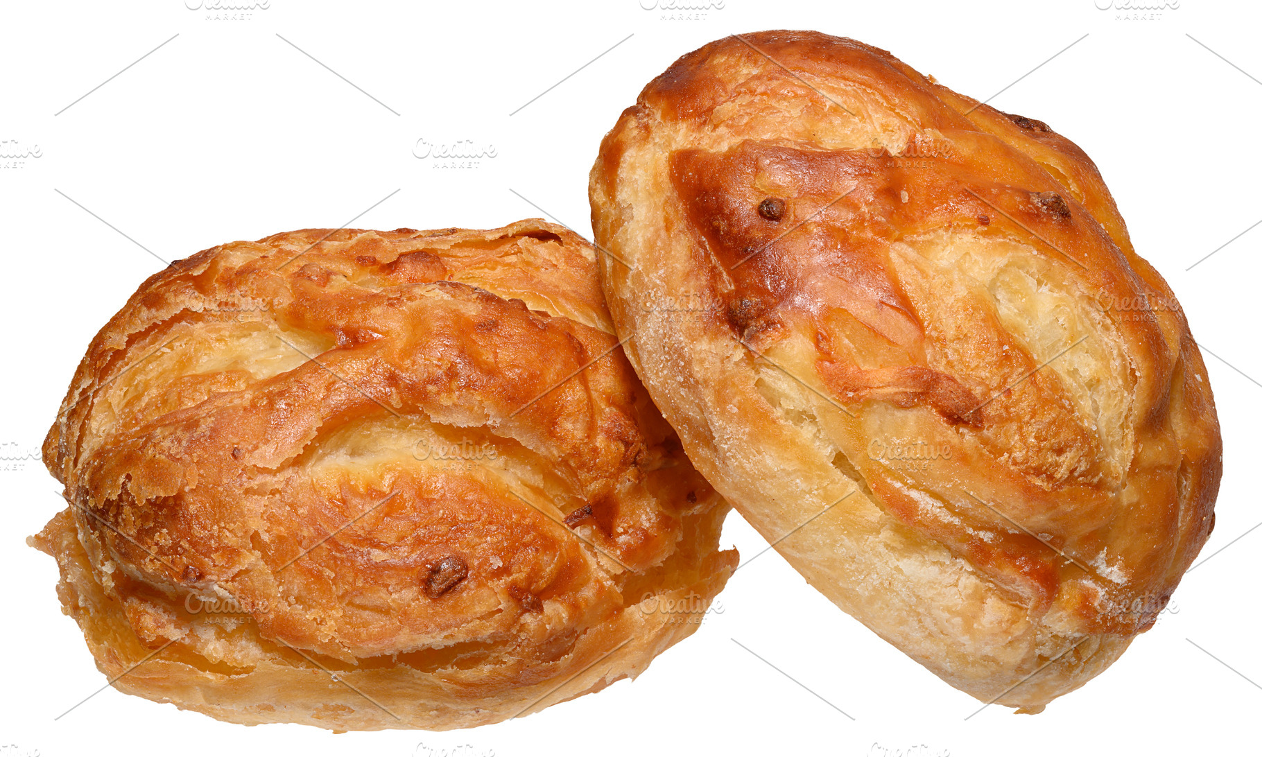 Baked round shaped puff pastry bun with filling on isolated back, a Food & Drink Photo by ndanko
