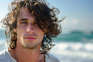 Cute beautiful man with curly hair on blurred ocean background, a Person Photo by AlyaAnd