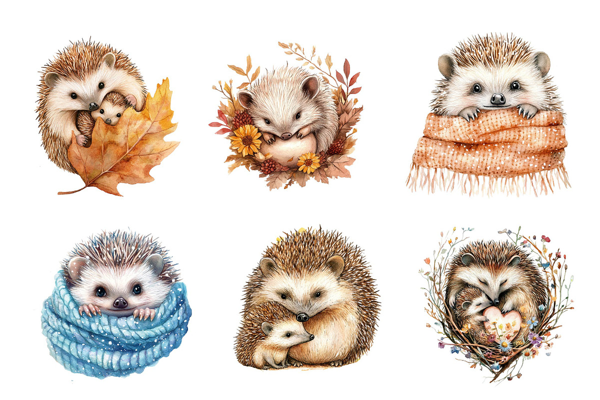 Watercolor Hedgehog & Hoglet Clipart, an Illustration by CreationArt (Photo 5 of 5)