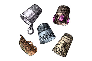 sewing thimble set sketch hand drawn, an Object Illustration by pikepicture