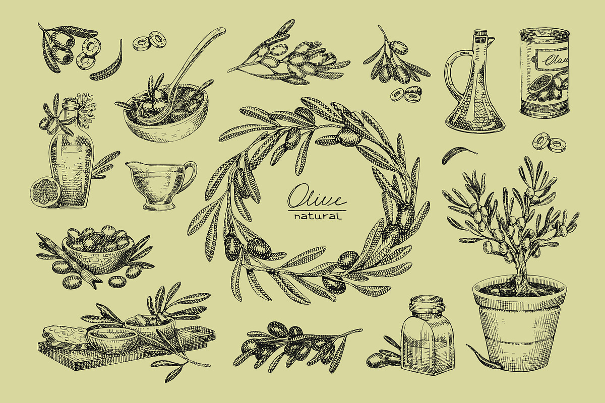 Olive sketches set + backgrounds, a Food Illustration by PaperTrident (Photo 1 of 8)
